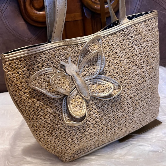 Bueno Tan Canvas & Brown Leather Satchel with Gold Hardware - Picture 9 of 10